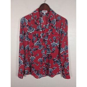 Express Portofino Shirt Womens Small Red Floral Button Up Blouse Slim Fit Top